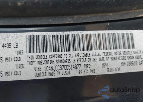 2012 Jeep Compass Limited z USA, uszkodzony, nr VIN 1C4NJCCB7CD514877